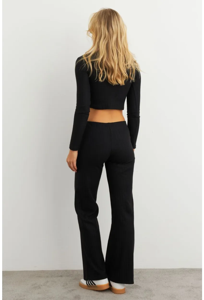 Kadın Siyah Crop Üstlü İkili Pantolon Takım XL10052