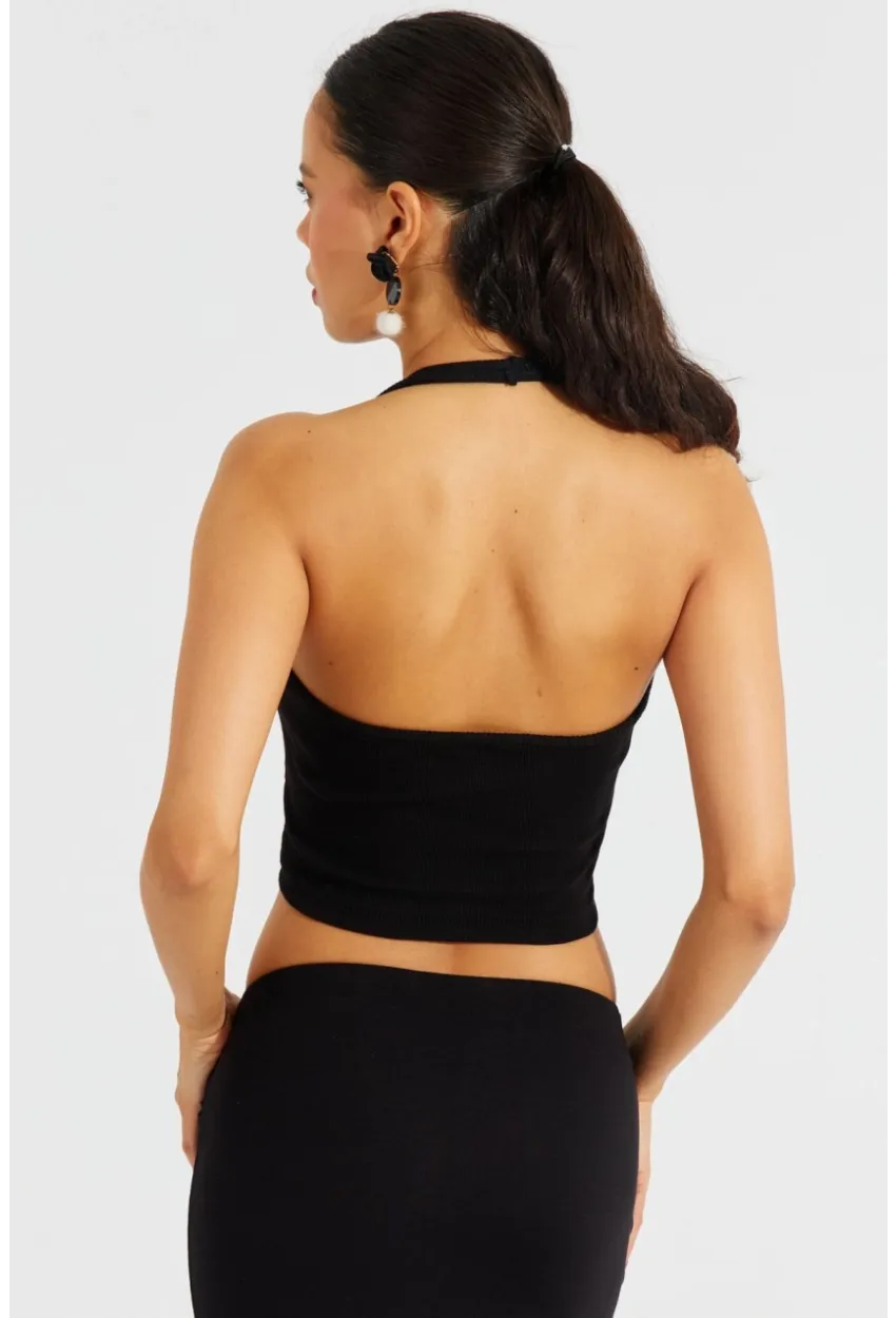 Kadın Siyah Dantel Detaylı Crop Bluz B2549