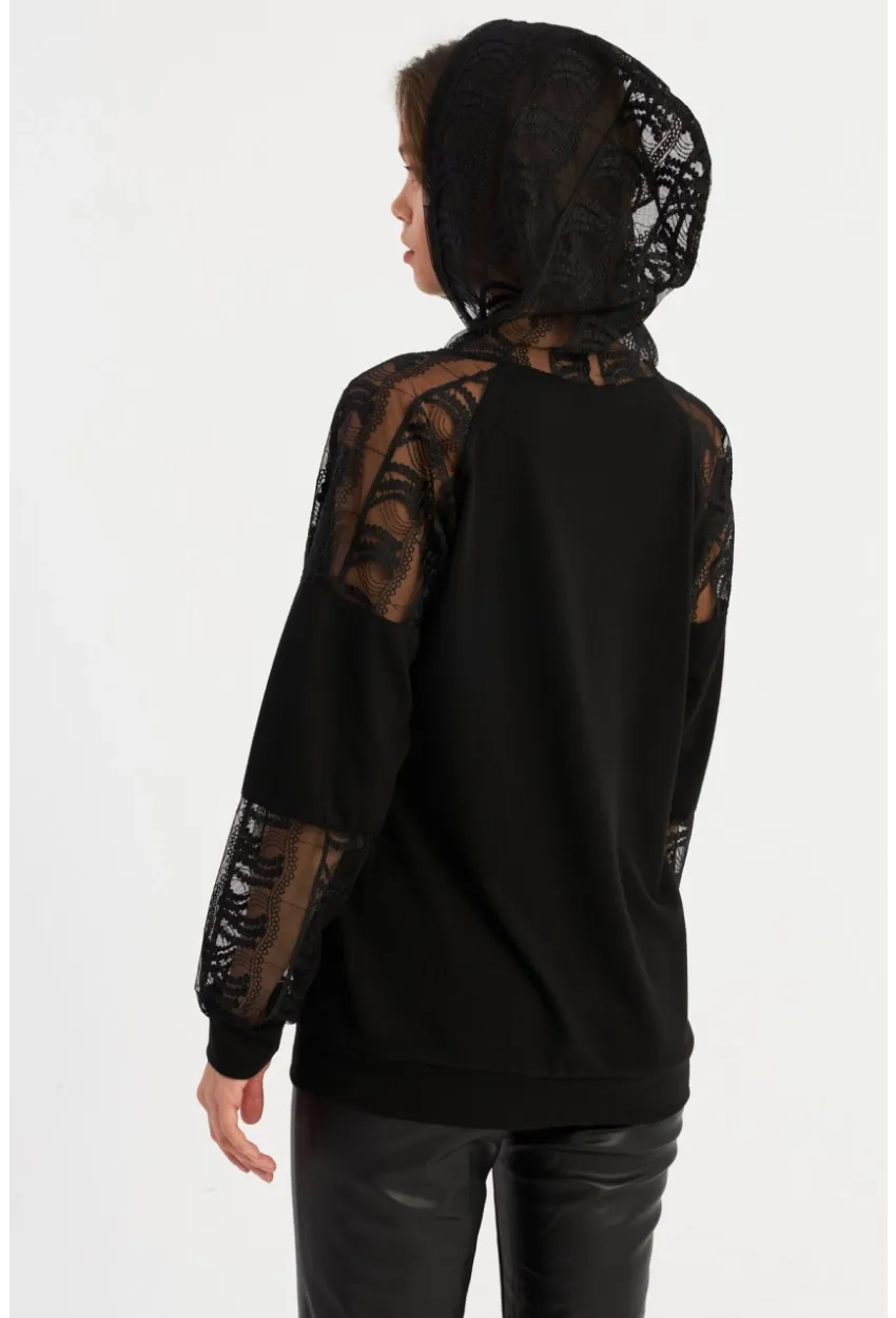 Kadın Siyah Dantel Detaylı Kapüşonlu Sweatshirt MBK58