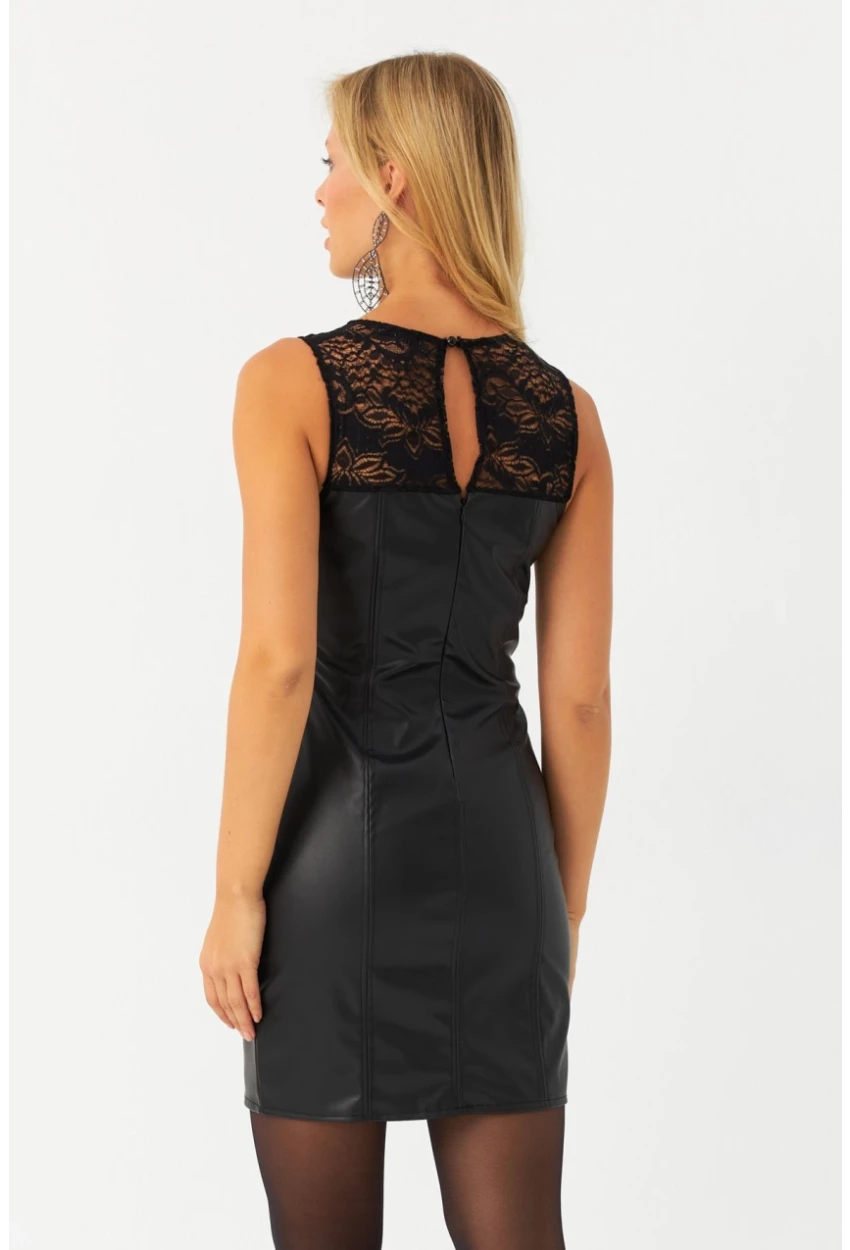 Kadın Siyah Dantel Detaylı Suni Deri Mini Elbise NH421