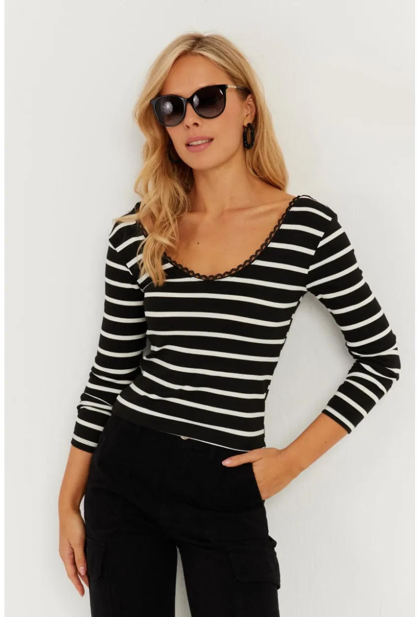 Kadın Siyah Dantel Ve Düğme Detaylı Bluz PP5363