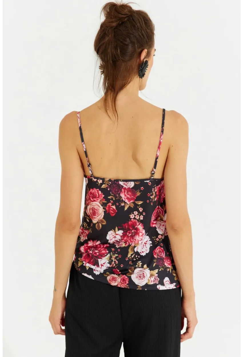 Kadın Siyah Dantelli Askılı Çiçekli Bluz LPP1227