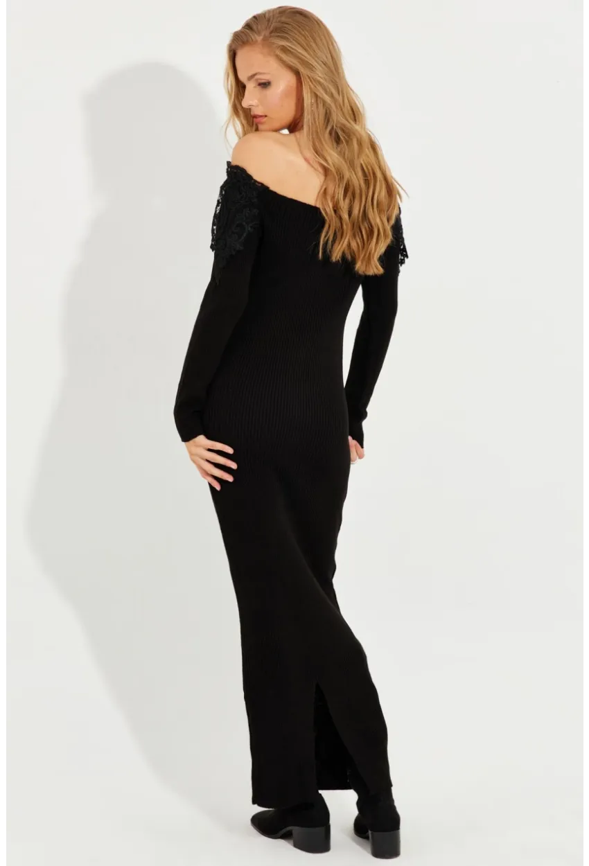 Kadın Siyah Dantelli Triko Maxi Elbise KED123