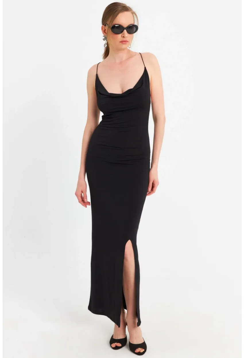 Kadın Siyah Degaje Yaka Askılı Maxi Elbise DMR289
