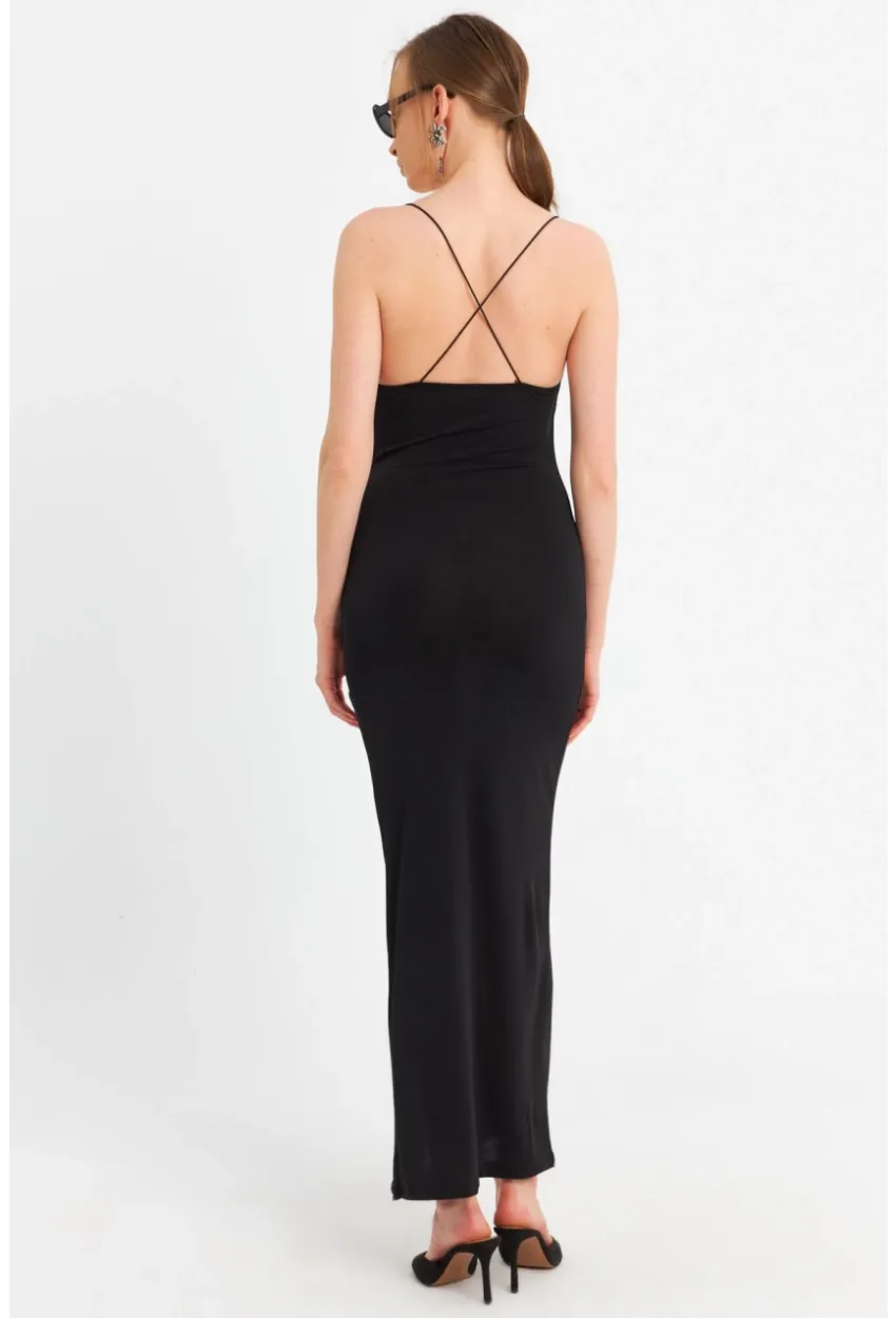Kadın Siyah Degaje Yaka Askılı Maxi Elbise DMR289