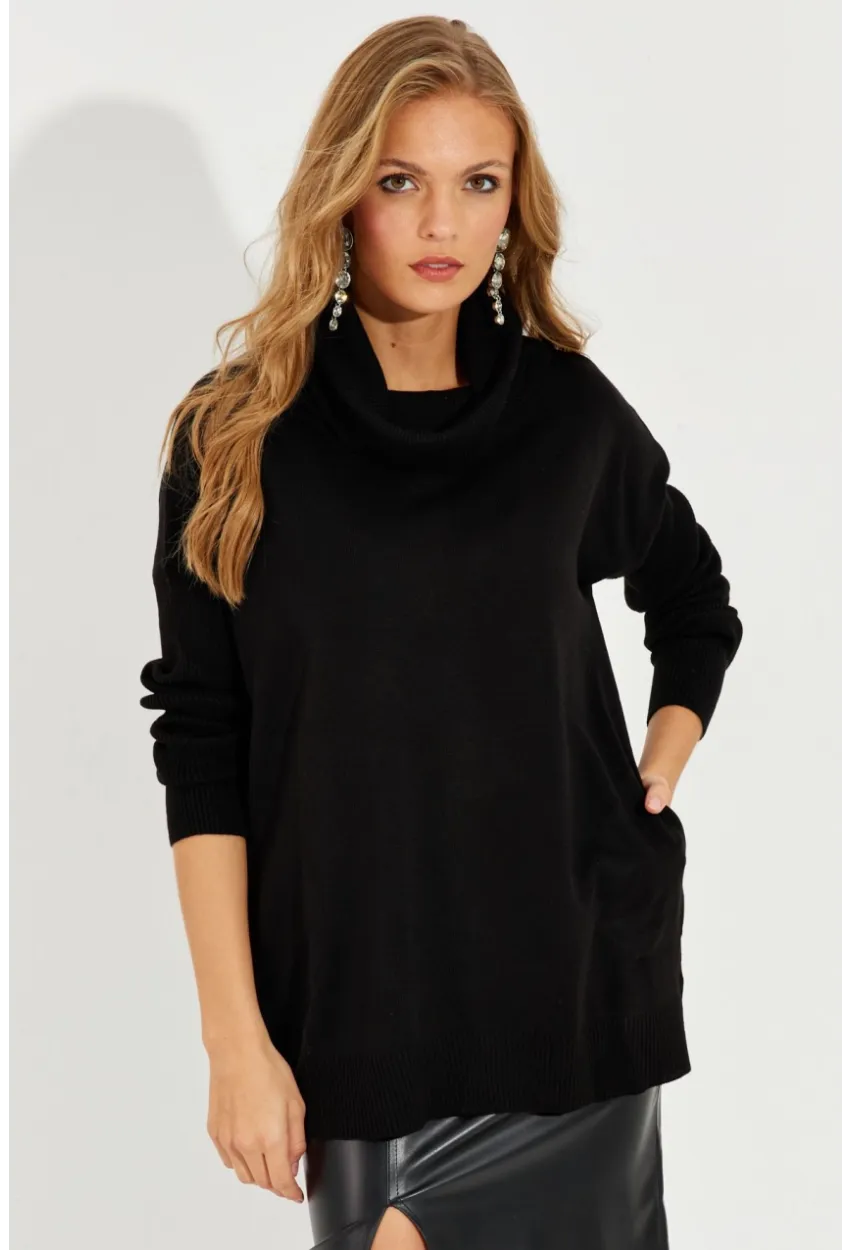 Kadın Siyah Degaje Yaka Cepli Triko Kazak YZ519