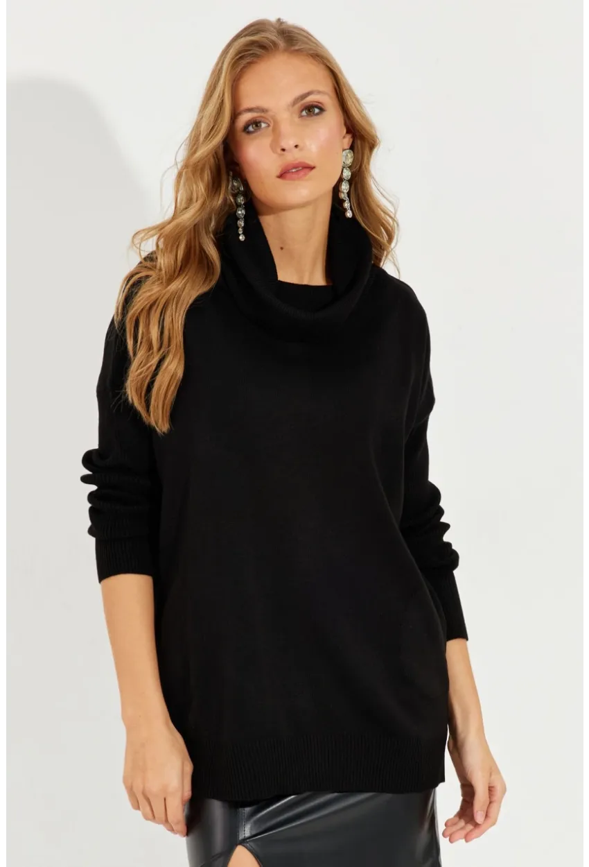 Kadın Siyah Degaje Yaka Cepli Triko Kazak YZ519