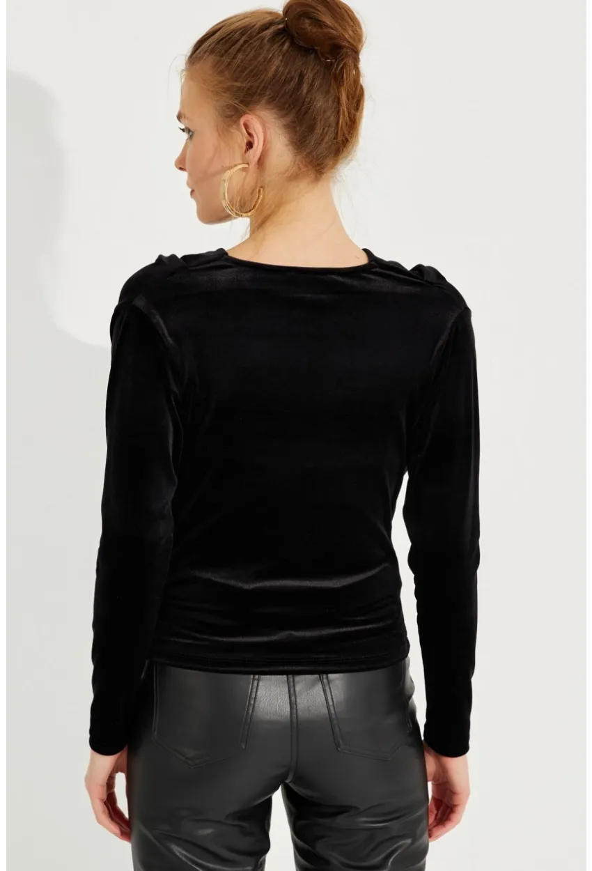 Kadın Siyah Degaje Yaka Kadife Bluz LPP1242