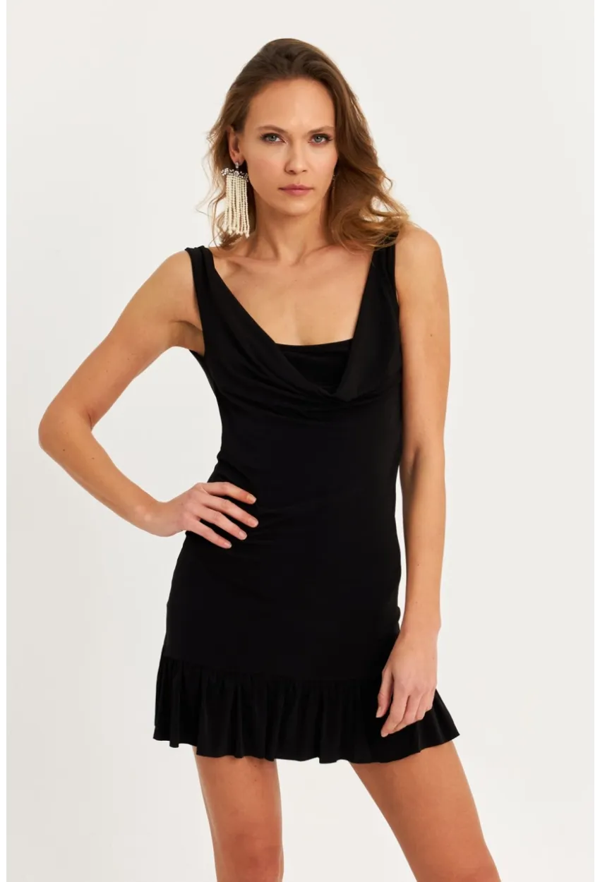 Kadın Siyah Degaje Yaka Mini Elbise HOR0078