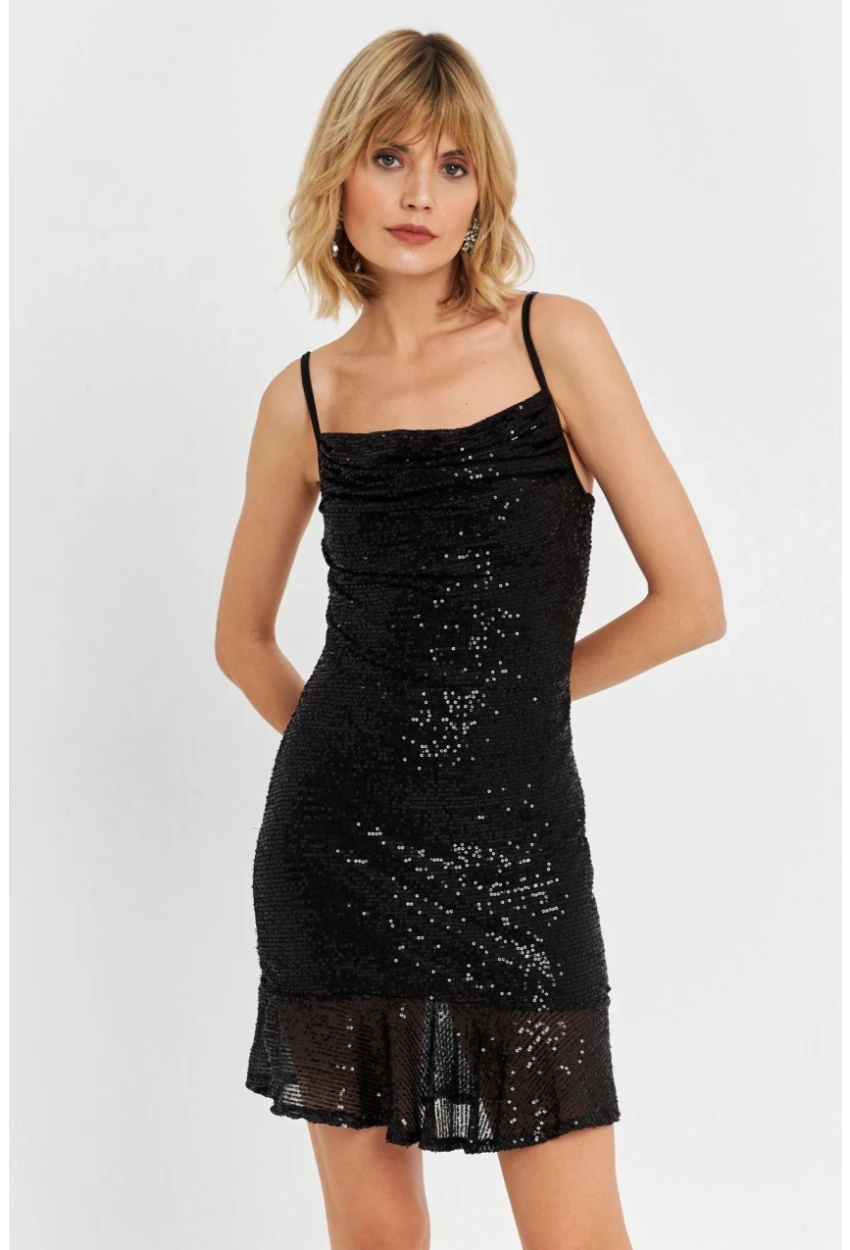 Kadın Siyah Degaje Yaka Pullu Mini Elbise DCF129