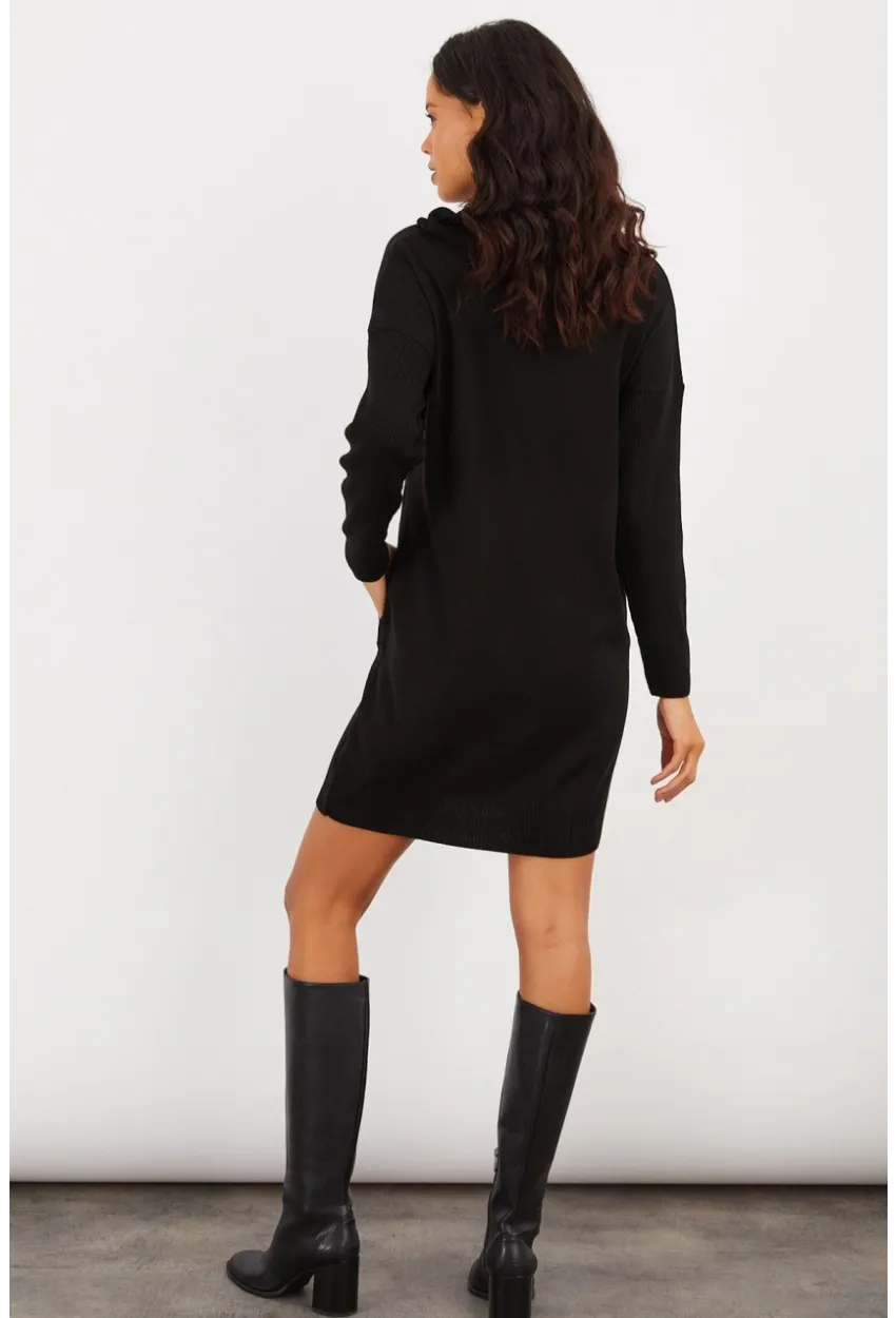 Kadın Siyah Degaje Yaka Triko Mini Elbise YV73