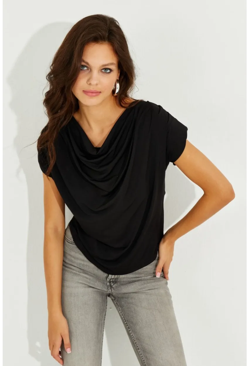 Kadın Siyah Degaje Yaka Vatkalı Bluz SDY2024