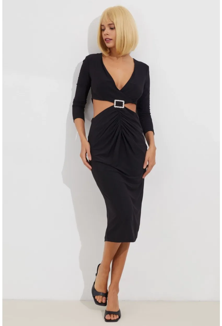 Kadın Siyah Dekolteli Büzgülü Midi Elbise BK1591