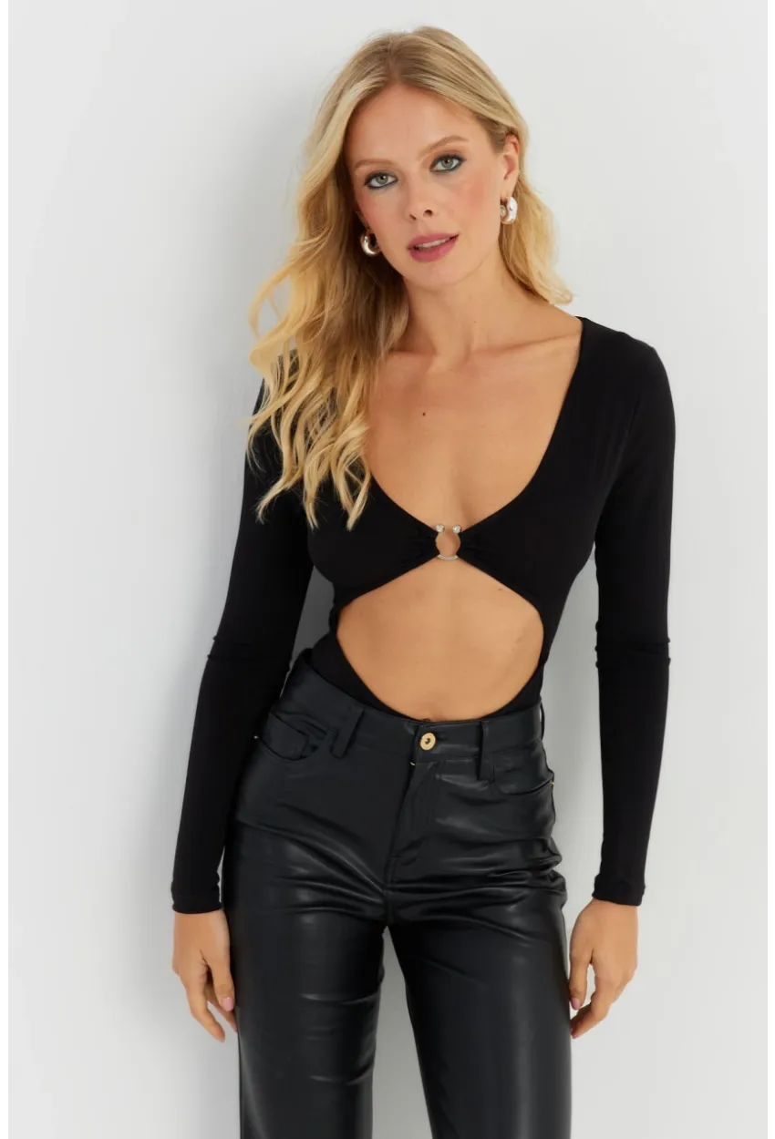 Kadın Siyah Dekolteli Çıtçıtlı Body MEN2026