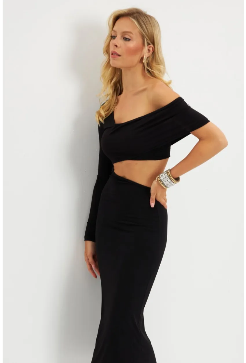 Kadın Siyah Dekolteli Midi Elbise MEN2046