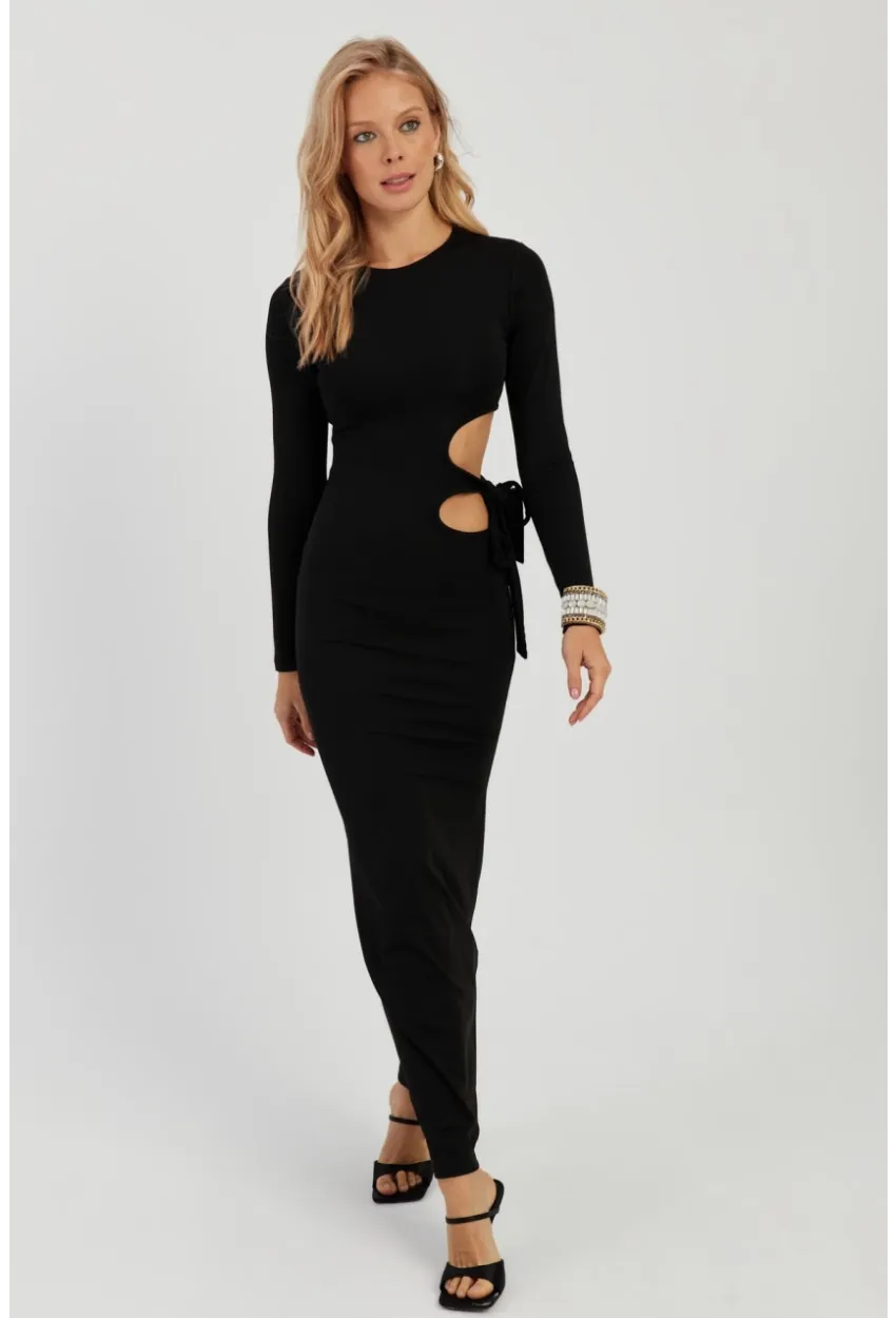 Kadın Siyah Dekolteli Skuba Maxi Elbise MON122