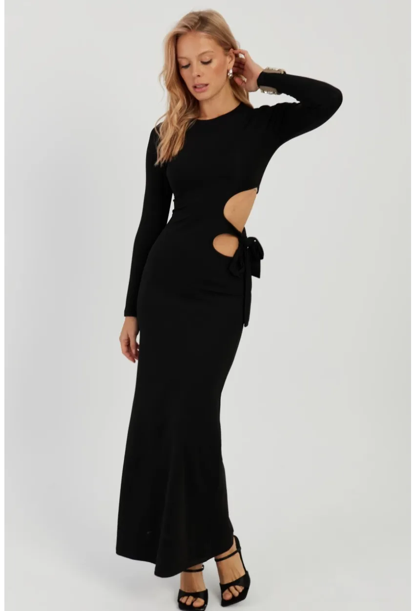 Kadın Siyah Dekolteli Skuba Maxi Elbise MON122