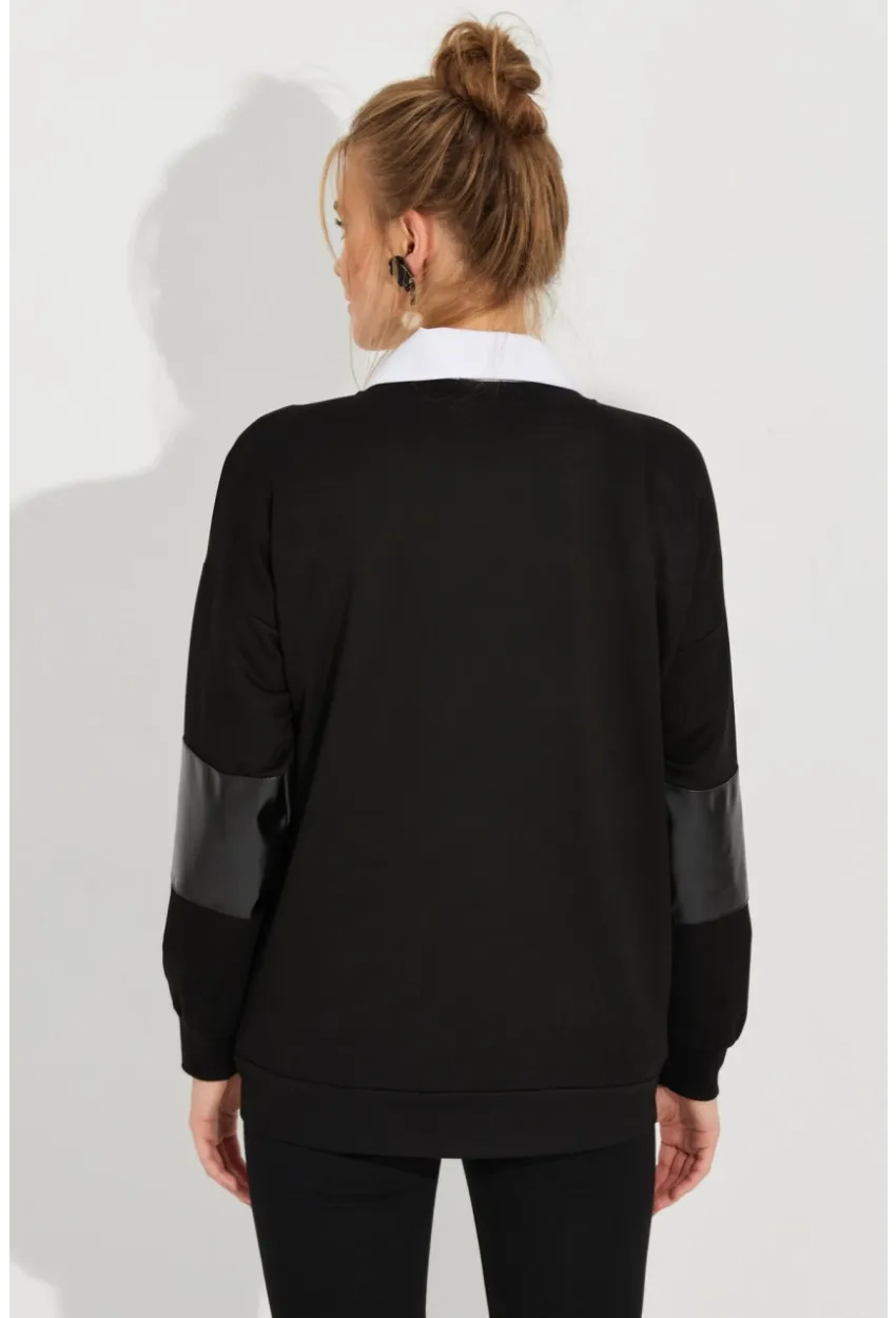 Kadın Siyah Deri Bloklu Sweathirt ST6015
