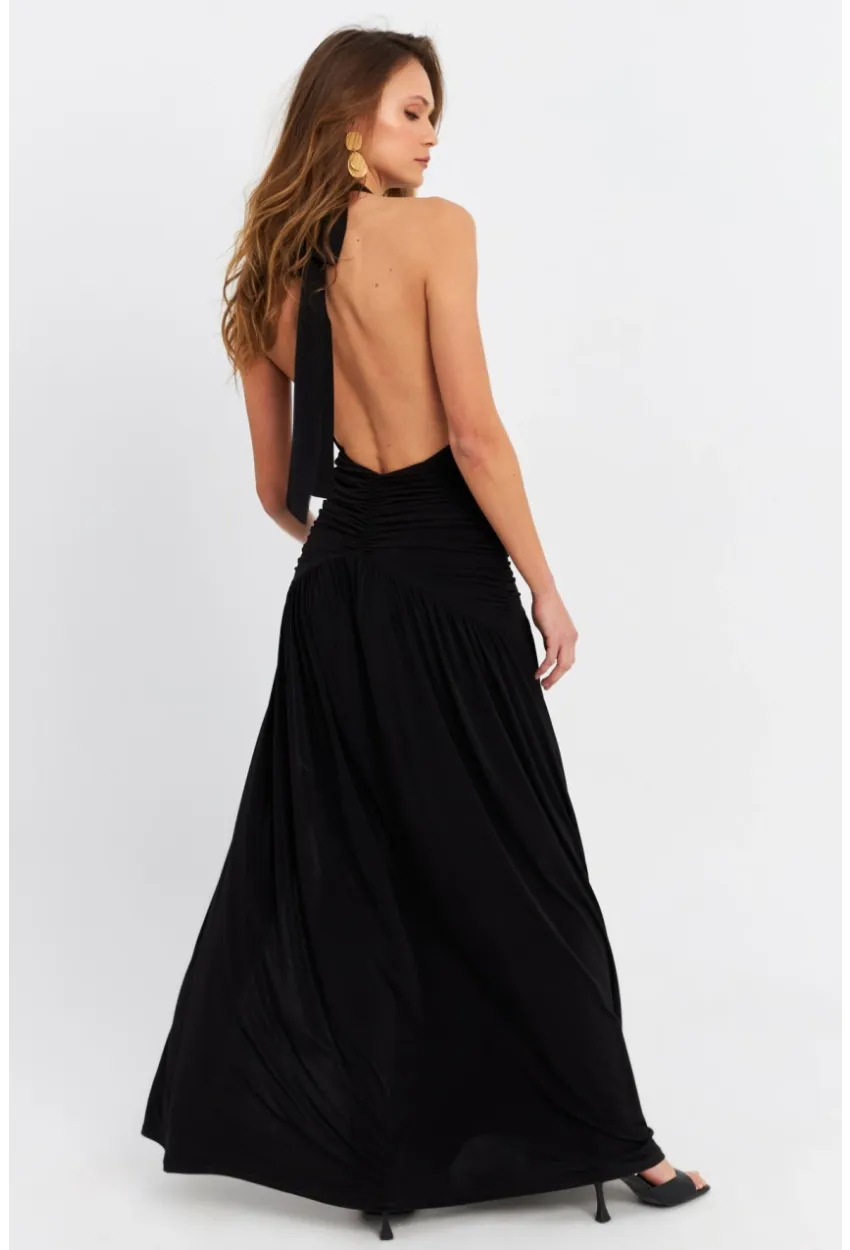 Kadın Siyah Derin Yırtmaçlı Büzgülü Midi Elbise B6008