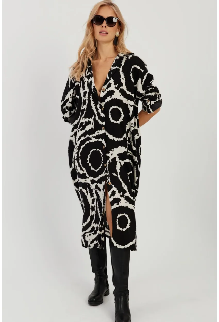 Kadın Siyah Desenli Gömlek Elbise LV174