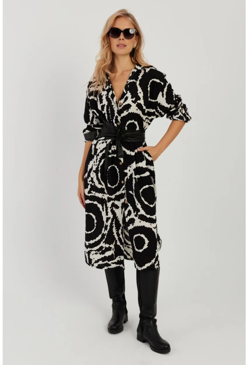 Kadın Siyah Desenli Gömlek Elbise LV174