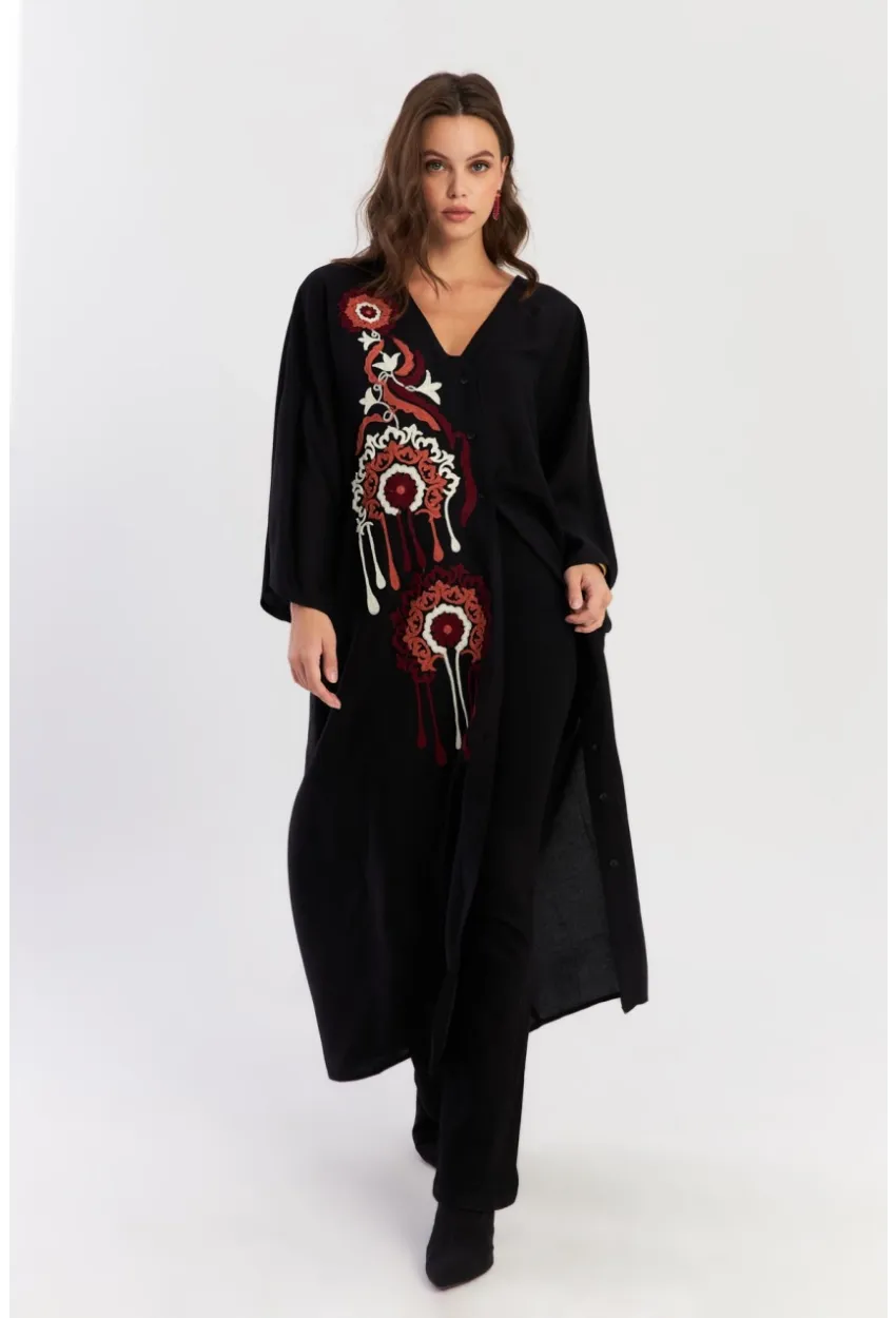 Kadın Siyah Desenli Maxi Dokuma Elbise ALO150