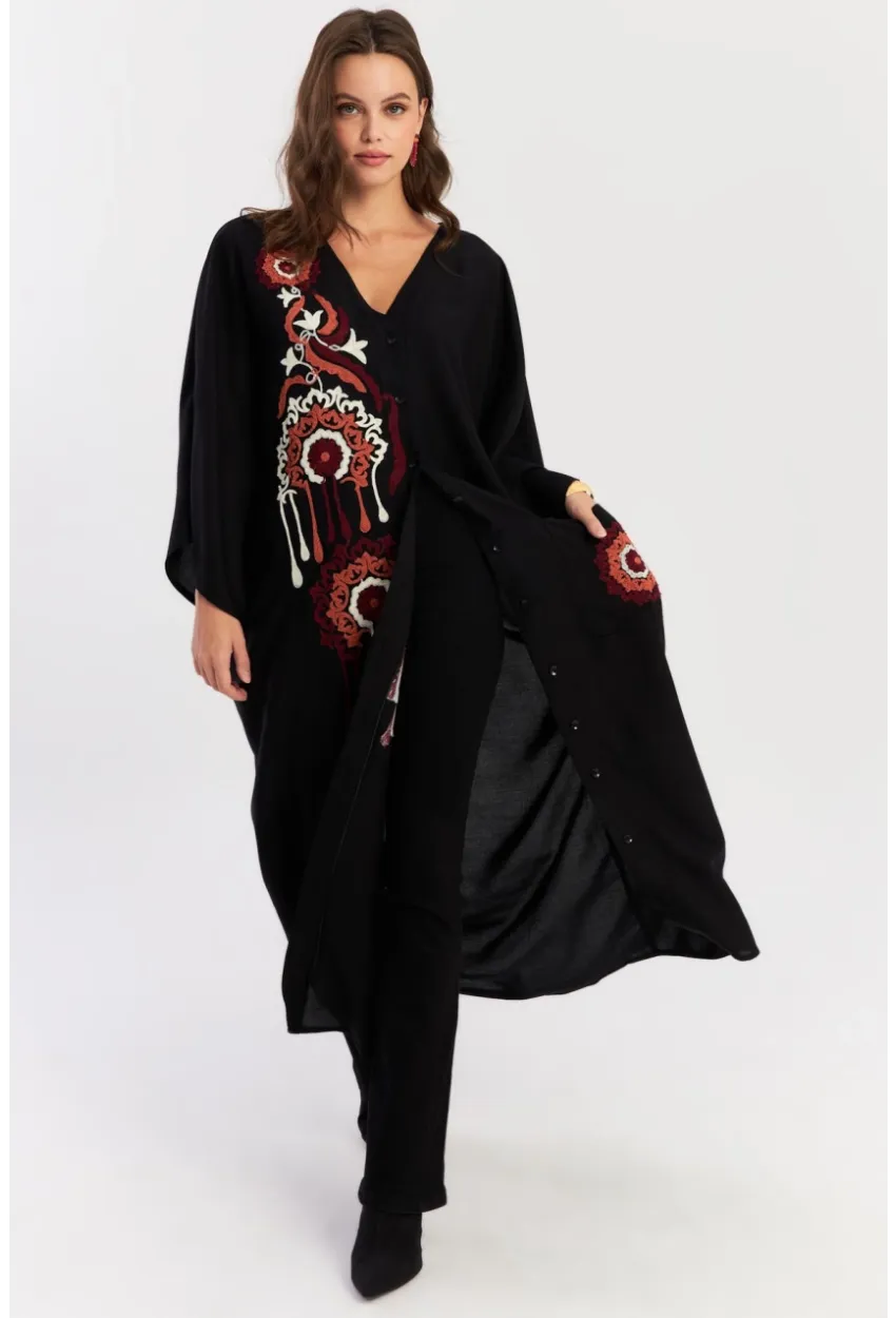 Kadın Siyah Desenli Maxi Dokuma Elbise ALO150