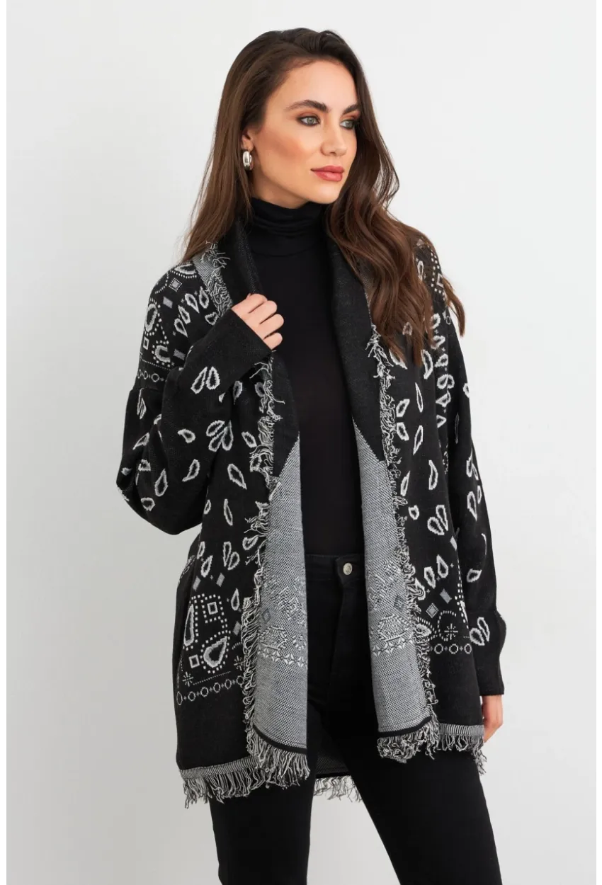 Kadın Siyah Desenli Triko Hırka MVI14209