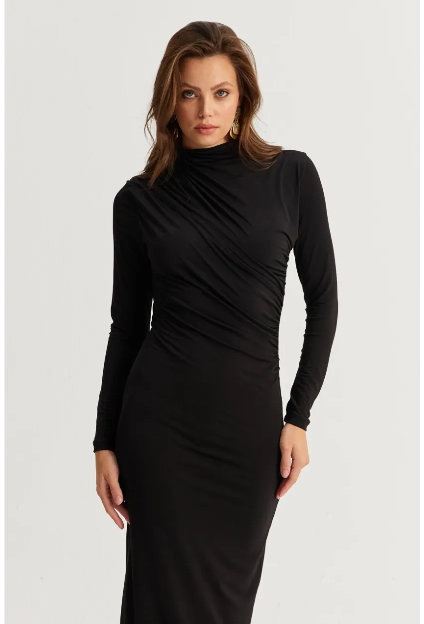 Kadın Siyah Drape Maxi Elbise DMR377