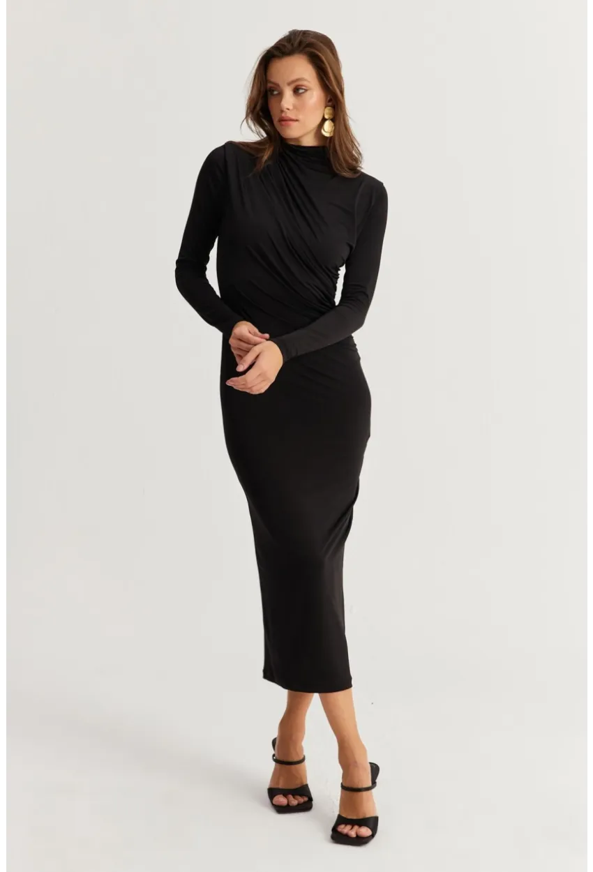 Kadın Siyah Drape Maxi Elbise DMR377