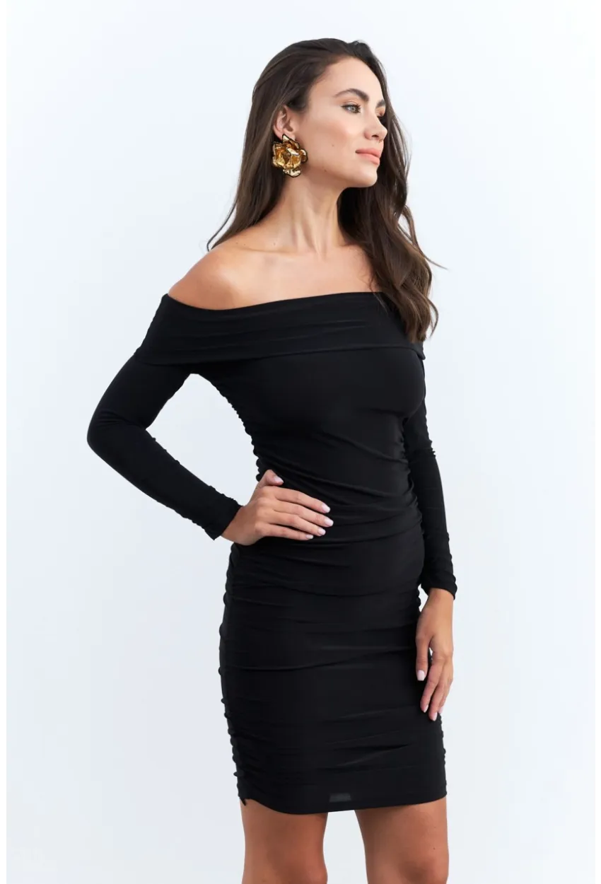 Kadın Siyah Drapeli Degaje Mini Elbise ELT3697
