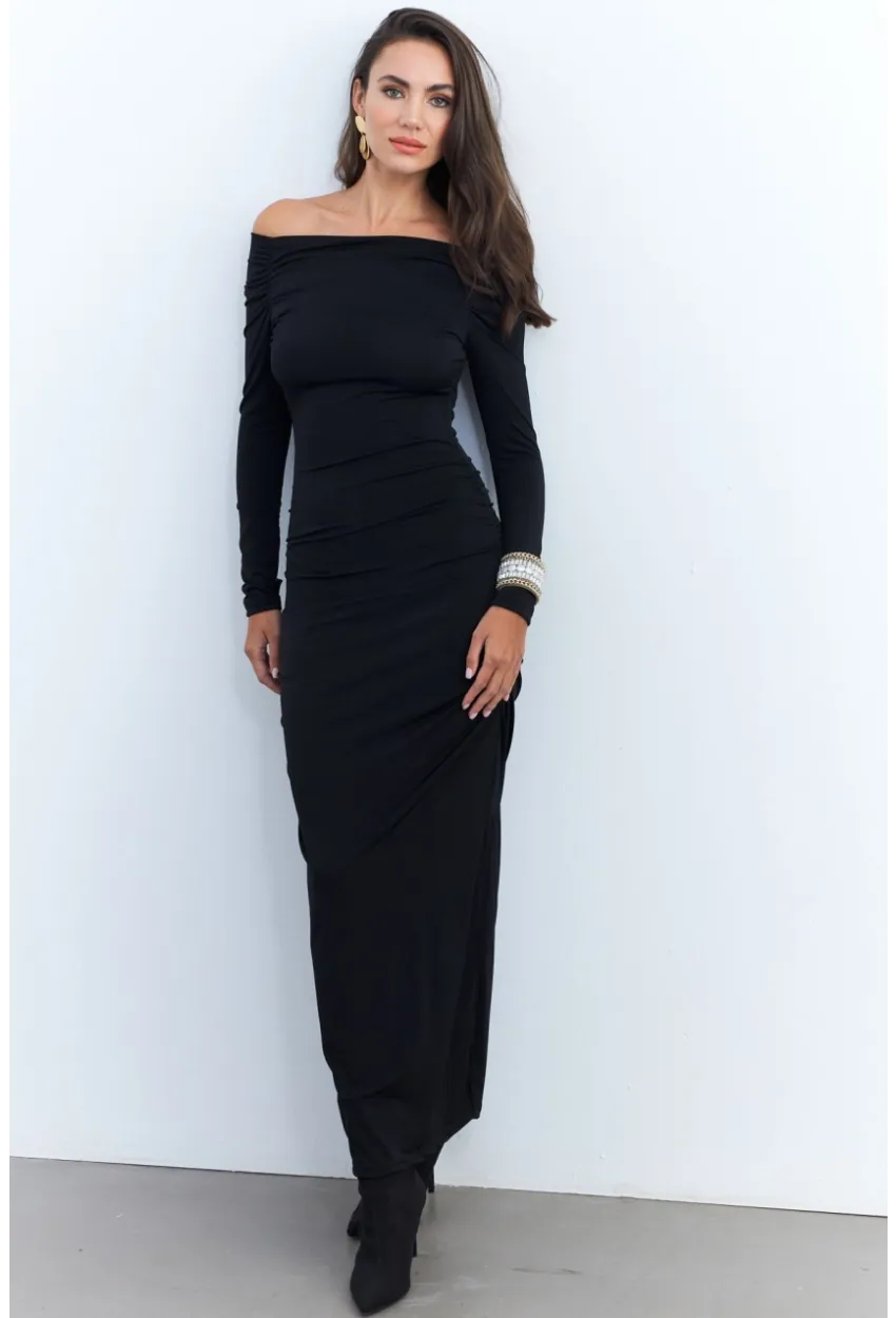Kadın Siyah Drapeli Maxi Elbise SHR7