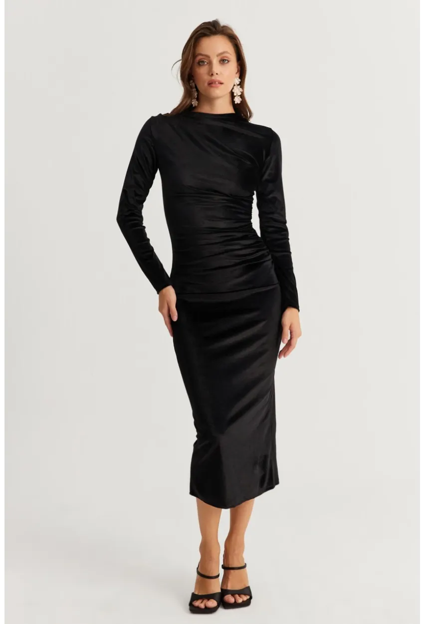 Kadın Siyah Drapeli Midi Elbise MON1113