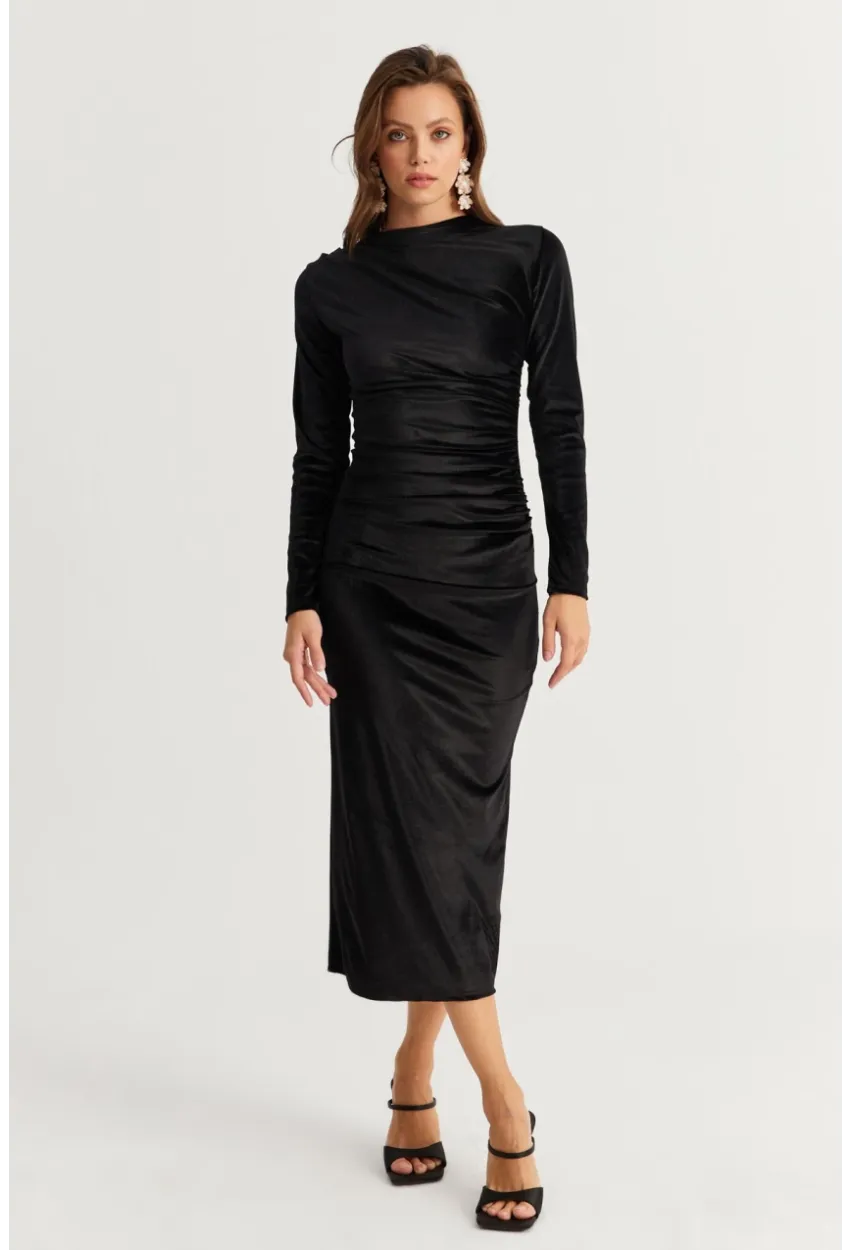 Kadın Siyah Drapeli Midi Elbise MON1113