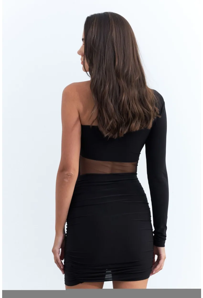 Kadın Siyah Drapeli Tül Detaylı Mini Yılbaşı Elbise ELT3850