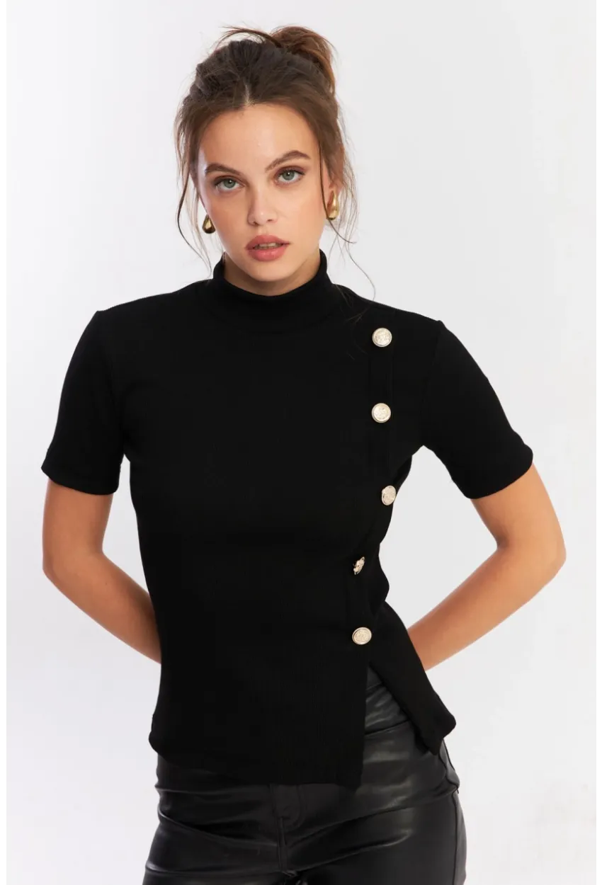 Kadın Siyah Düğme Aksesuarlı Bluz EY2926