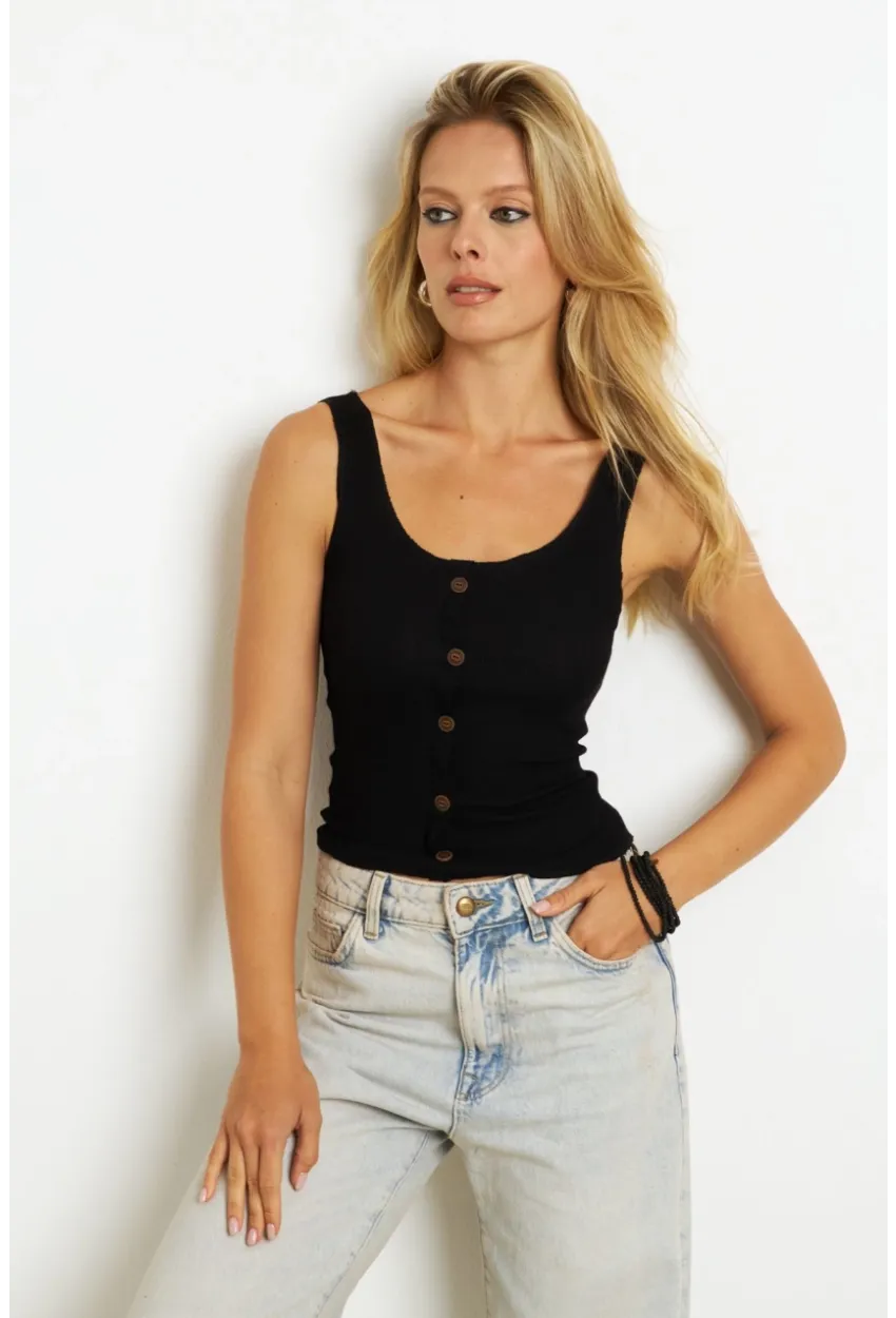 Kadın Siyah Düğme Aksesuarlı Bluz MK14