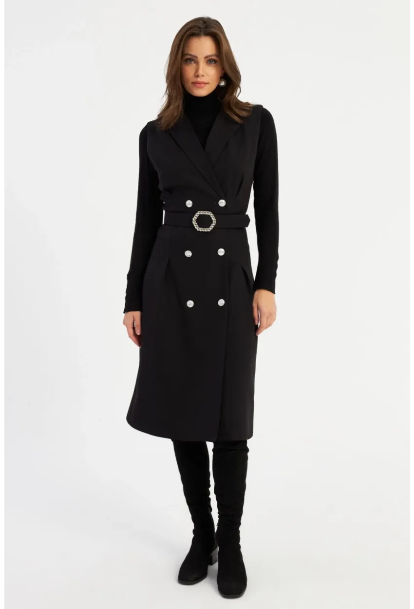 Kadın Siyah Düğme Aksesuarlı Ceket Elbise MERA101