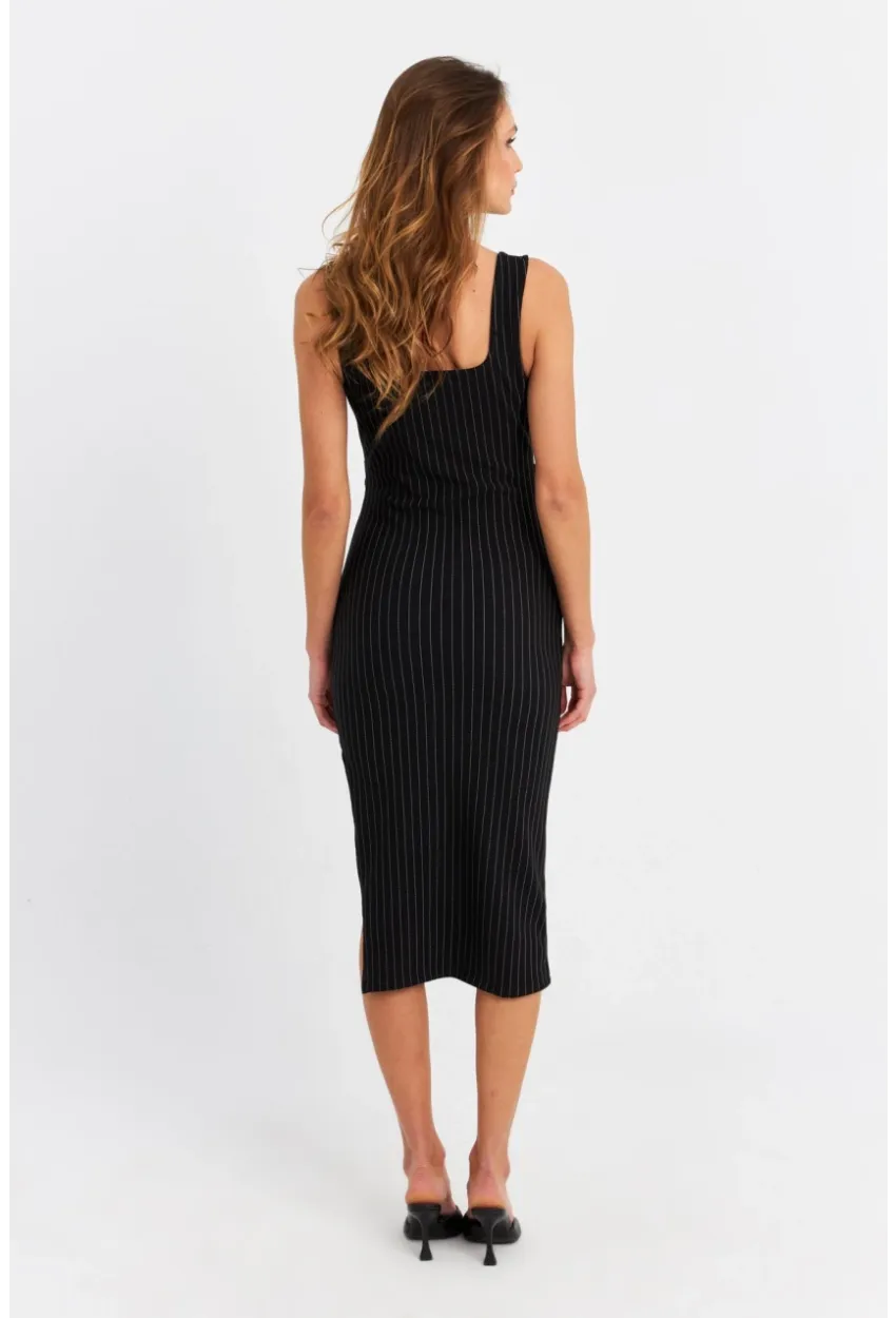 Kadın Siyah Düğme Aksesuarlı Çizgili Midi Elbise SDY1253