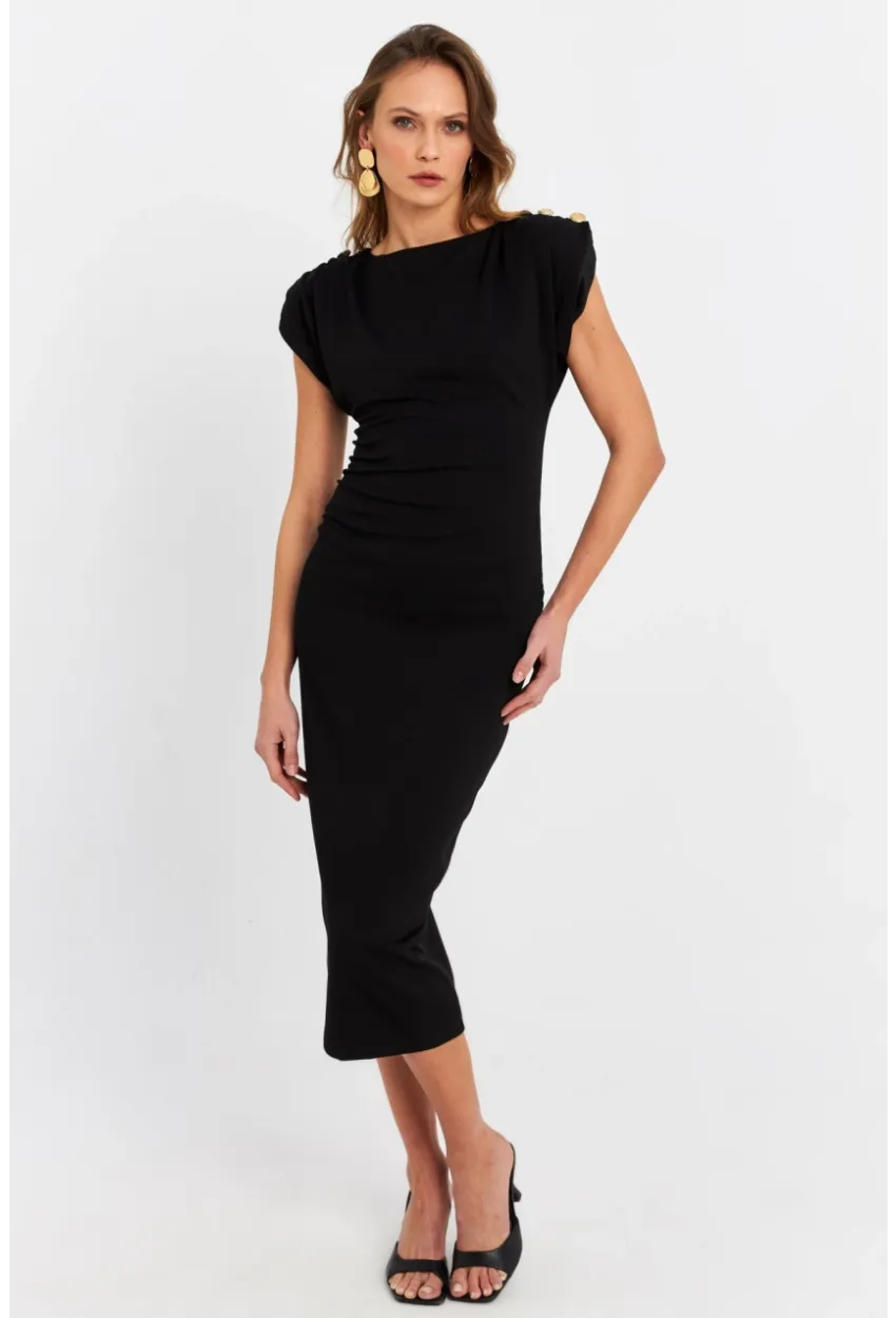 Kadın Siyah Düğme Aksesuarlı Vatkalı Midi Elbise MOD4272