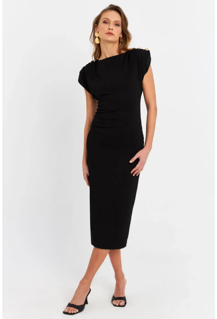 Kadın Siyah Düğme Aksesuarlı Vatkalı Midi Elbise MOD4272