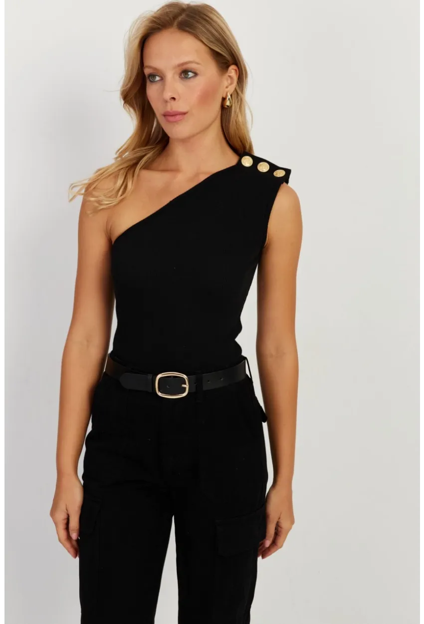 Kadın Siyah Düğme Detaylı Asimetrik Kaşkorse Bluz EY2711