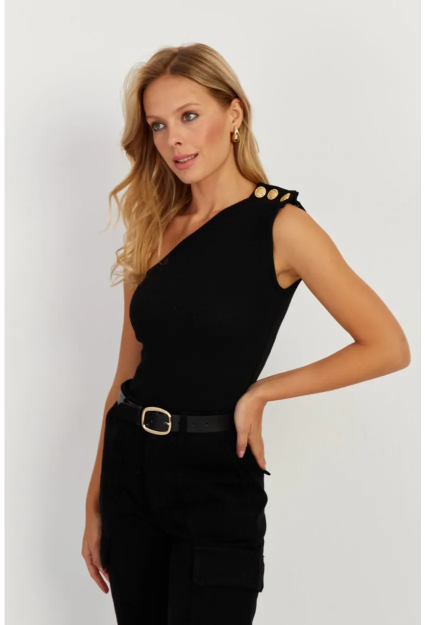 Kadın Siyah Düğme Detaylı Asimetrik Kaşkorse Bluz EY2711