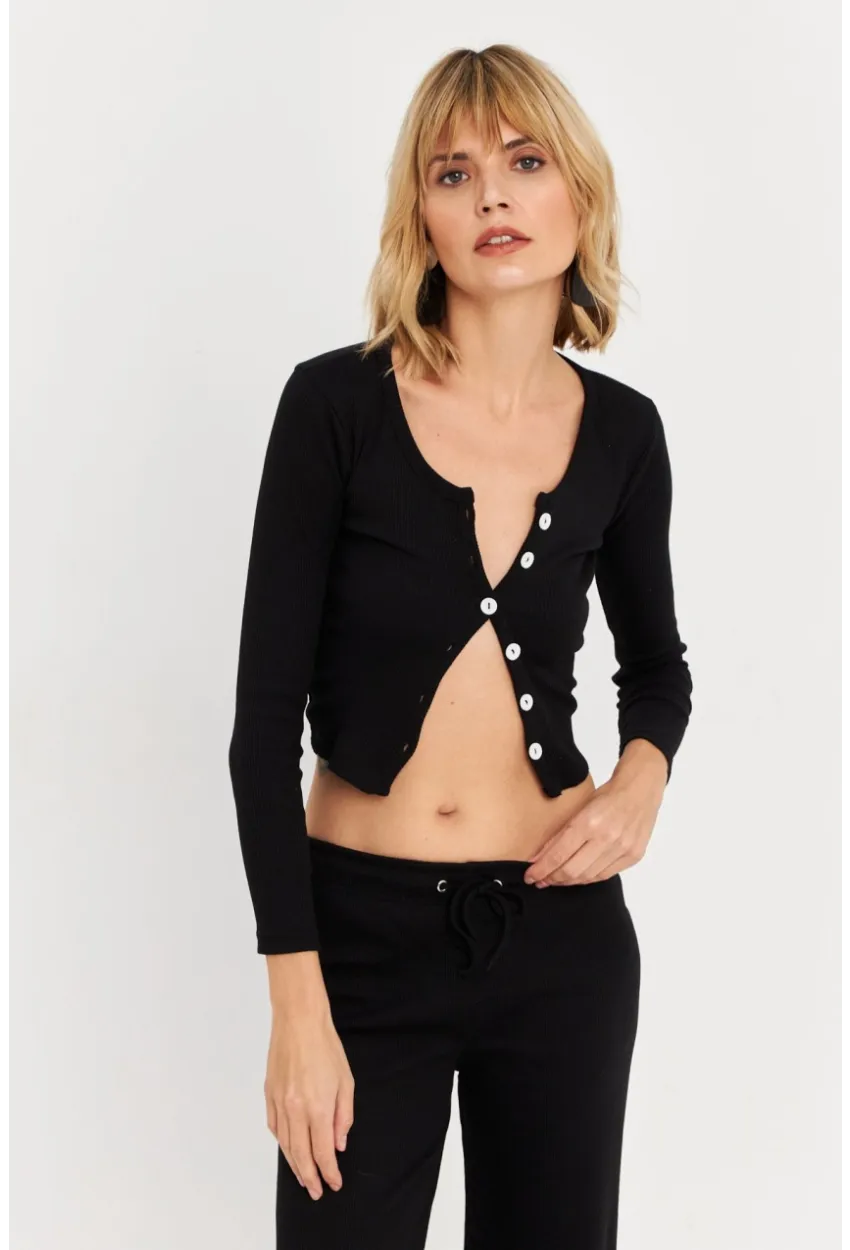 Kadın Siyah Düğme Detaylı Basic Bluz ALB3814