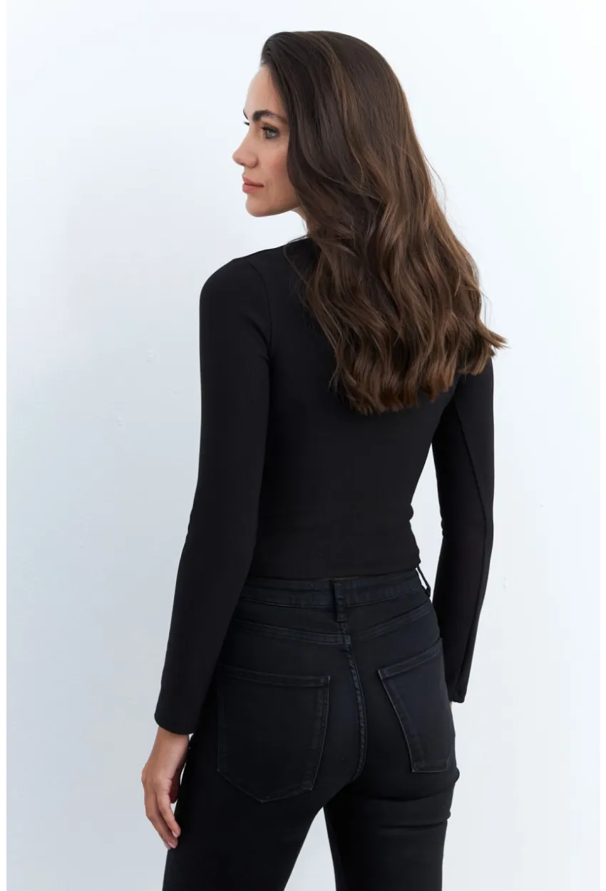 Kadın Siyah Düğme Detaylı Bluz RLO83