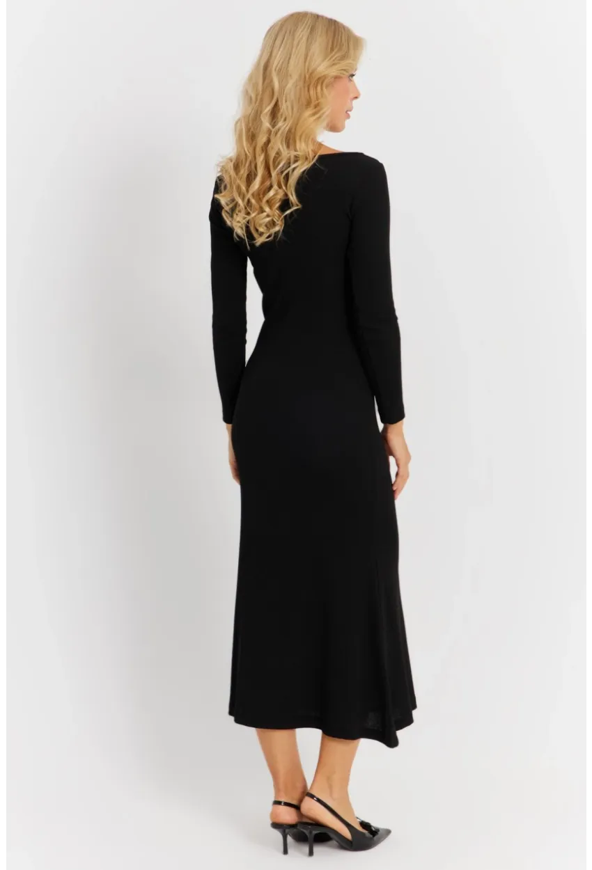 Kadın Siyah Düğme Detaylı Kaşkorse Midi Elbise EY2854