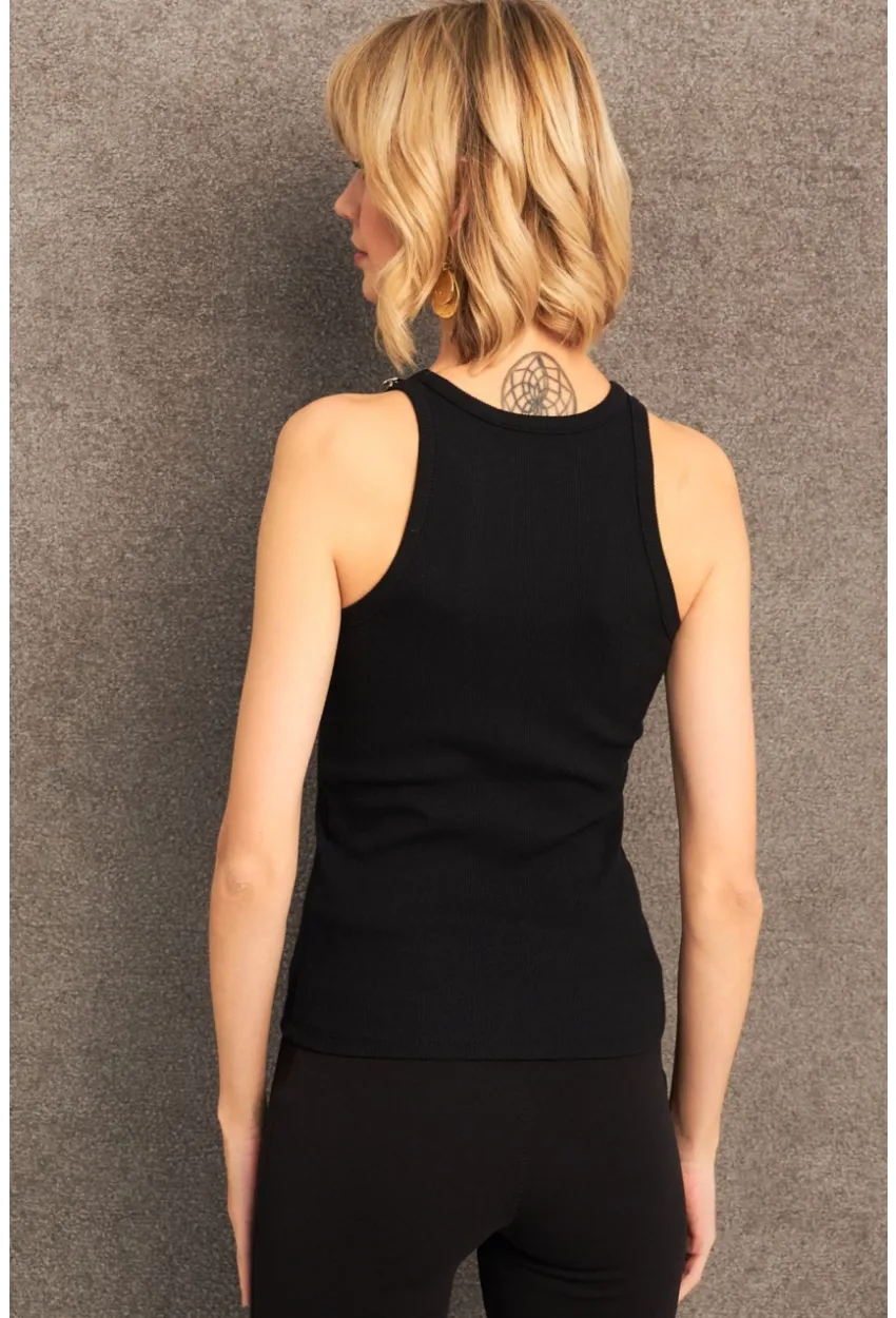 Kadın Siyah Düğme Detaylı Kolsuz Kaşkorse Bluz TF55