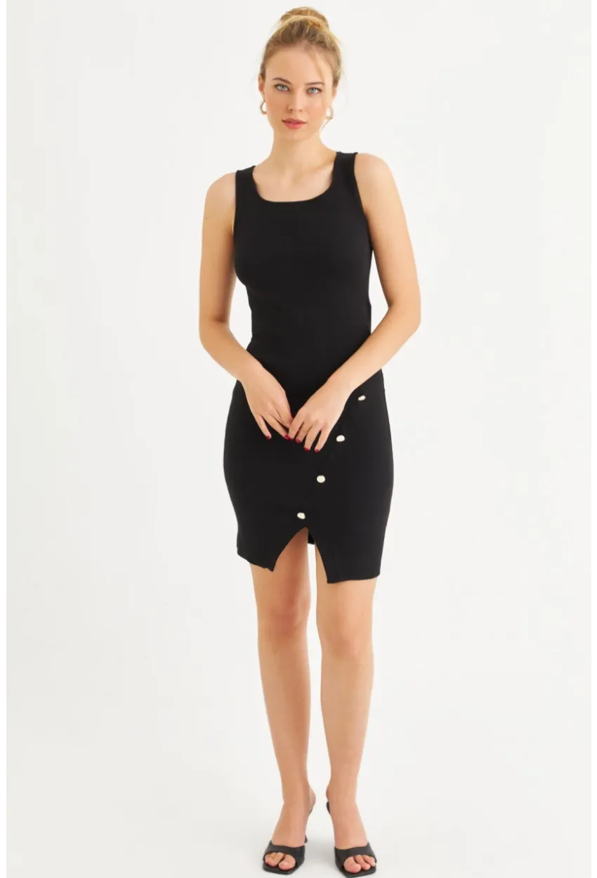 Kadın Siyah Düğme Detaylı Midi Elbise URO1111