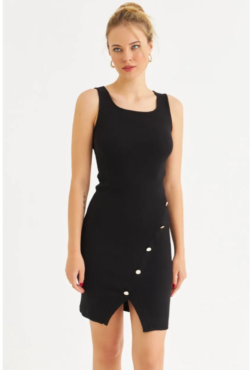 Kadın Siyah Düğme Detaylı Midi Elbise URO1111