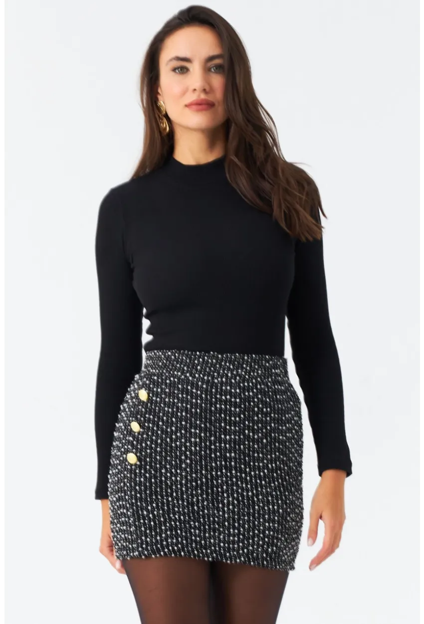 Kadın Siyah Düğme Detaylı Mini Etek RX447
